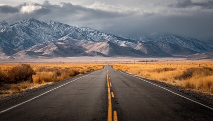 Fototapeta premium A paved road stretches into a vast landscape under a dramatic sky
