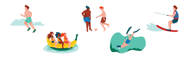 People Character on Beach in Summer Enjoy Outdoor Activity Vector Set