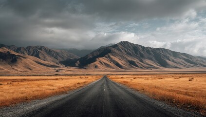 Empty asphalt road stretching into a mountainous landscape under a dramatic sky