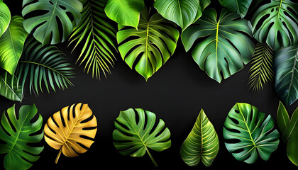 Naklejka premium Lush Tropical Foliage with Golden Leaf on Black Background, Arti