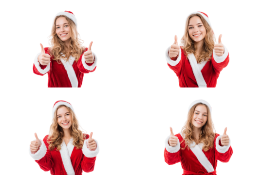 Beautiful women in a Santa Claus costume, giving a thumbs-up pose isolated on a transparent background