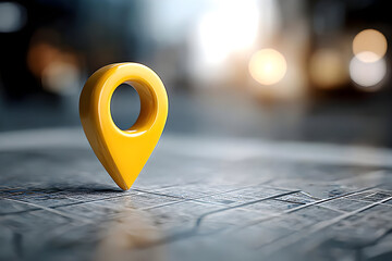 A vibrant yellow location pin stands out against a blurred urban map background, symbolizing navigation and exploration in modern cities.