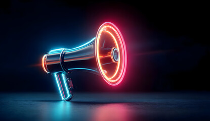 A vibrant neon megaphone stands out against a dark background, symbolizing communication, announcement, and modern voice amplification in technology.