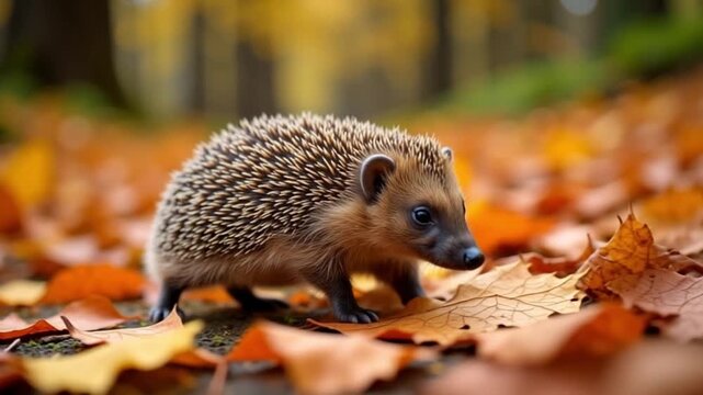 Adorable hedgehog scurrying through vibrant autumn leaves in a sun-dappled forest setting. AI generative video