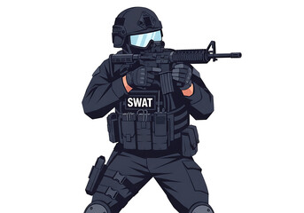 Cartoon swat officer in tactical gear aiming a rifle professionally illustrated for special forces or law enforcement operations