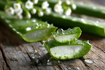 Fresh aloe vera leaves on a rustic wooden surface, showcasing their juicy, green texture. Perfect for health, wellness, and natural skincare themes.