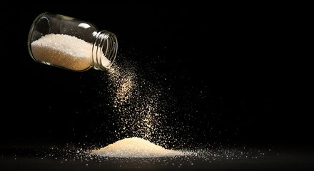 Sugar being poured from a clear glass container onto a surface