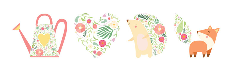 Animal with Floral Ornament as Spring Season Vector Set