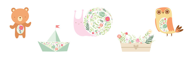 Animal with Floral Ornament as Spring Season Vector Set