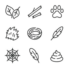 Nature's Remains Icons. Outline icon set of remains in nature: fallen leaves, broken twigs, animal tracks, fur patch, bones, nests