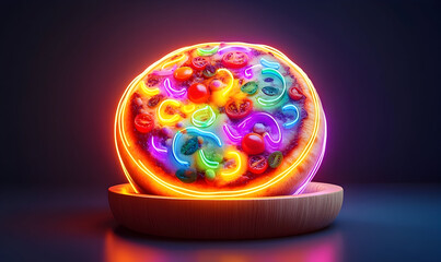 Glowing Neon Pizza on Wooden Stand with Colorful Toppings and Da