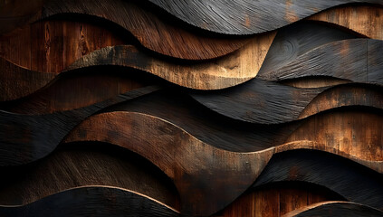 An artistic depiction of layered wood featuring smooth curves and rich textures, perfect for interior design, modern art, or rustic aesthetics.