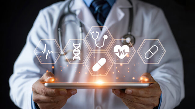 Doctor expertly uses tablet displaying modern healthcare icons for digital medical innovation and patient care