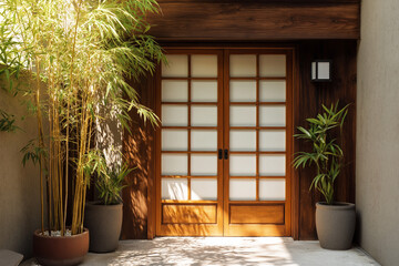  Japanese style sliding front door, wooden frame, paper panels, bamboo plants around entrance