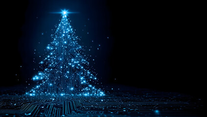 Naklejka premium A vibrant blue Christmas tree glimmering with lights against a dark background, symbolizing holiday joy and celebration in a modern, digital era.