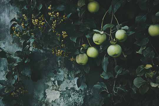 a bunch of green apples hanging from a tree