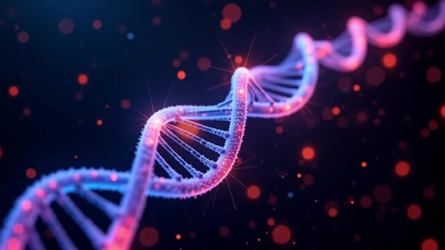 Dynamic glowing DNA helix pulsates with vibrant energy, symbolizing scientific discovery and genetic research advancement. AI generative video
