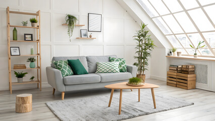 Fototapeta premium Bright and airy attic living room with modern furniture and plants