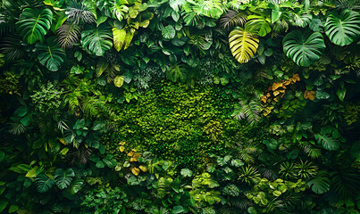 Lush green wall featuring diverse tropical foliage and textures,