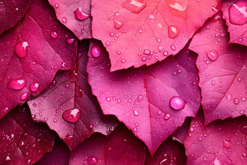 Fototapeta premium Vibrant magenta leaves glistening with raindrops in a close-up b