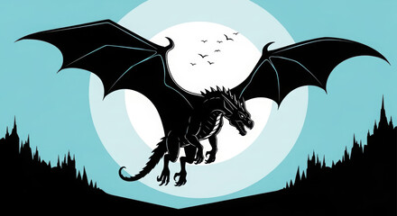 Silhouette of a fearsome dragon flying against a large moon