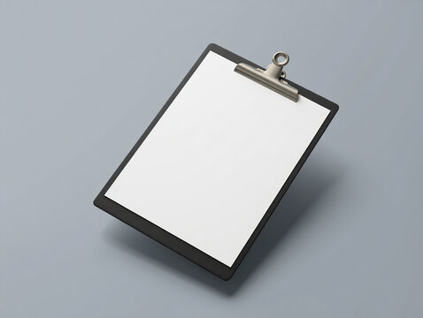 A blank white paper on a black clipboard with a metal clip