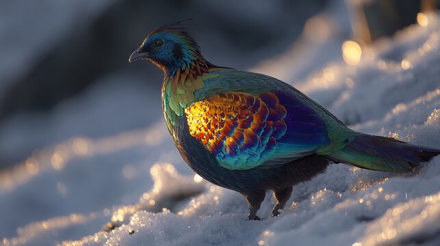 A vibrant himalayan monal pheasant stands out against the snowy mountain landscape in the winter sun