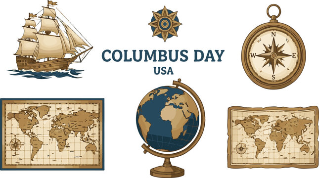 Columbus Day USA vector design with ship, map, globe, compass