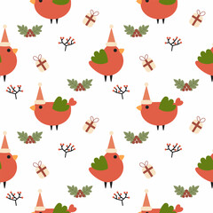 Bird red green cartoon so cute. On gift box white background. Pattern seamless vector illustration. 
