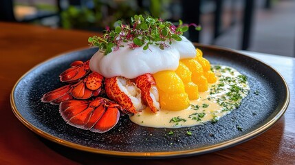 Foam technique presentation on premium lobster tail with white culinary foam and citrus garnish served on elegant dark plate at luxury restaurant