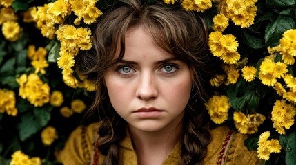Naklejka premium Woman with blue eyes and wavy brown hair surrounded by yellow flowers creating a natural portrait