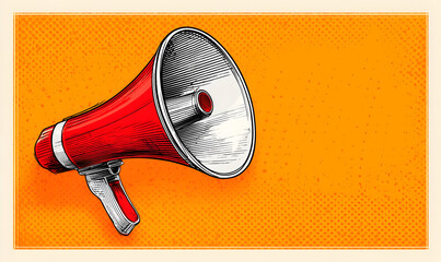 A vibrant illustration of a red megaphone against a bright orange background. Perfect for conveying announcements or emphasizing communication.