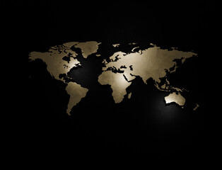 Golden world map on dark background representing global leadership, international career success, worldwide business expansion, HR strategy, and global talent management. Premium