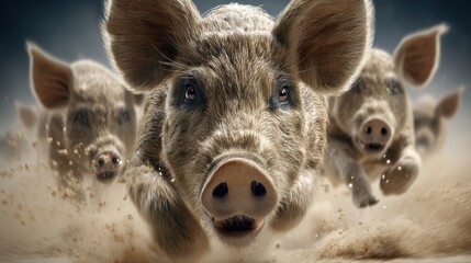 Fototapeta premium A group of wild boars running through a dusty landscape with a cloudy sky in the background