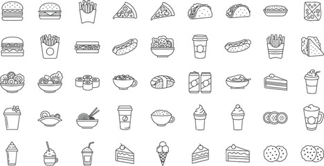 Fast Food Icons Set - Burger, Pizza, Hot Dog, and More (Vector Illustration)
