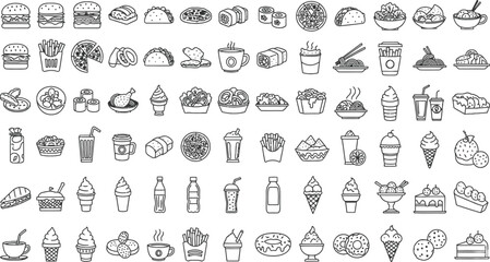 Fast Food Icons Set - Burger, Pizza, Hot Dog, and More (Vector Illustration)