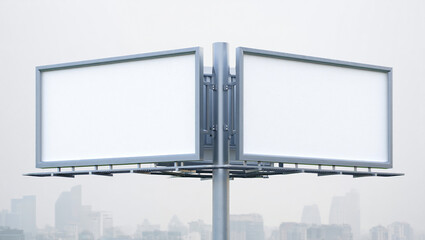 Two blank billboards mounted on a central pole against a hazy city skyline