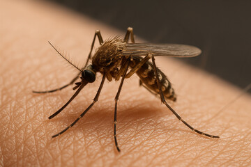 A close-up image of a mosquito biting human skin. The mosquito&rsquo;s detailed body, legs, wings, and proboscis are clearly visible, captured with sharp focus and natural lighting.