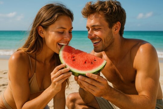 Couple enjoying watermelon on beach - Powered by Adobe