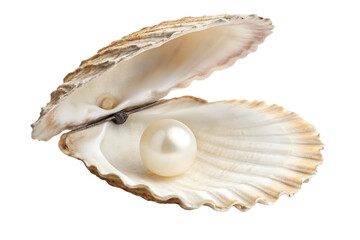 Large pearl positioned in ribbed seashell showing natural growth patterns and texture, isolated on a transparent background