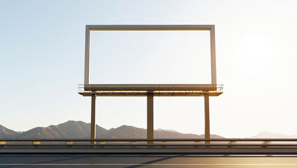Large blank billboard on highway with mountain backdrop at sunset