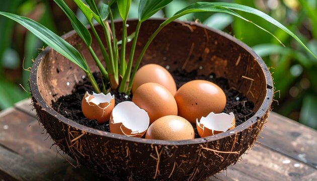 Eggs in a coconut shell planter