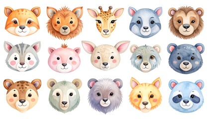 Fototapeta premium Cute animal faces, watercolor style (1)