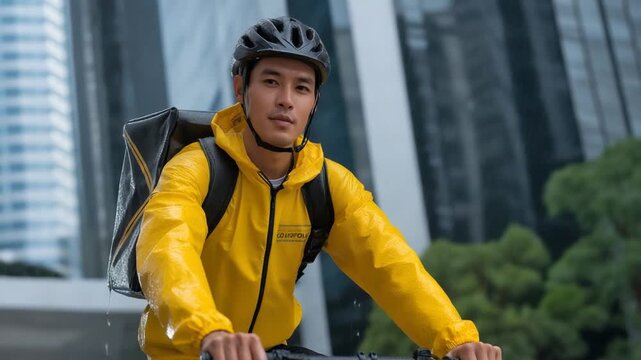 Efficient bicycle courier braves rainy city streets to ensure timely deliveries.