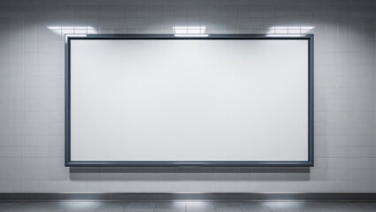 Fototapeta premium A wide blank billboard is illuminated by spotlights against a tiled wall