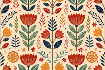 Colorful Scandinavian Folk Floral Pattern with Geometric Leaves and Blooms