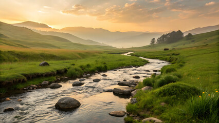 Serene mountain valley with winding stream at sunrise
