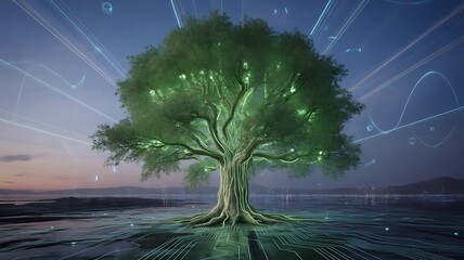 A glowing tree on a circuit board like landscape