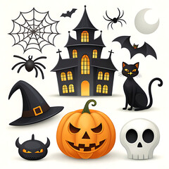 Collection of classic halloween icons including haunted house black cat pumpkin and spider