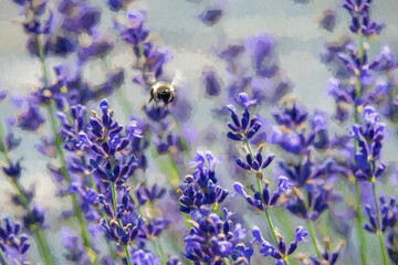 Lavender flowers stand vibrantly against a blurred background, while a bee hovers nearby, capturing a lively and natural scene. The vivid purples and greens create a sense of movement and life.